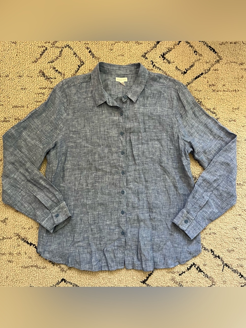Garnet Hill Blue Textured Linen Button-Down Shirt Coastal Grandma